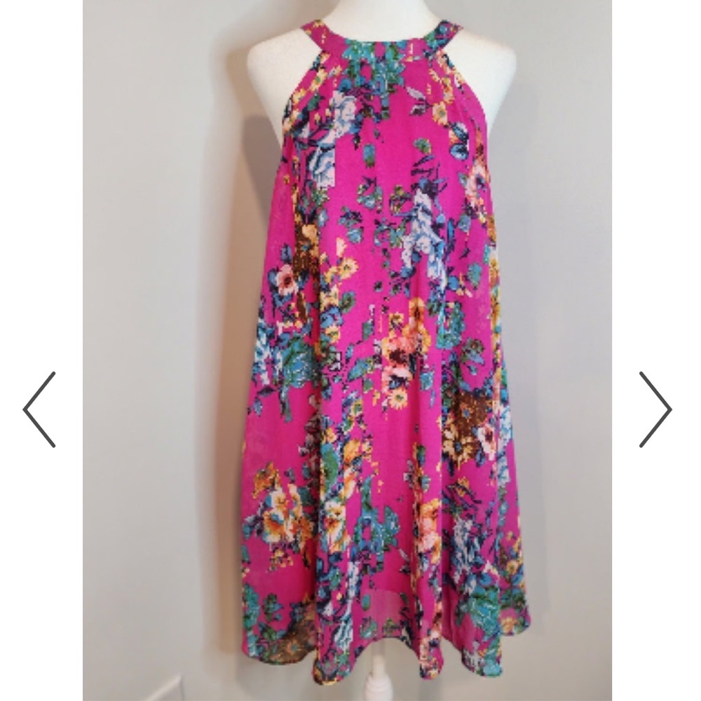 Floral Halter Swing Dress in Fuchsia Pink
